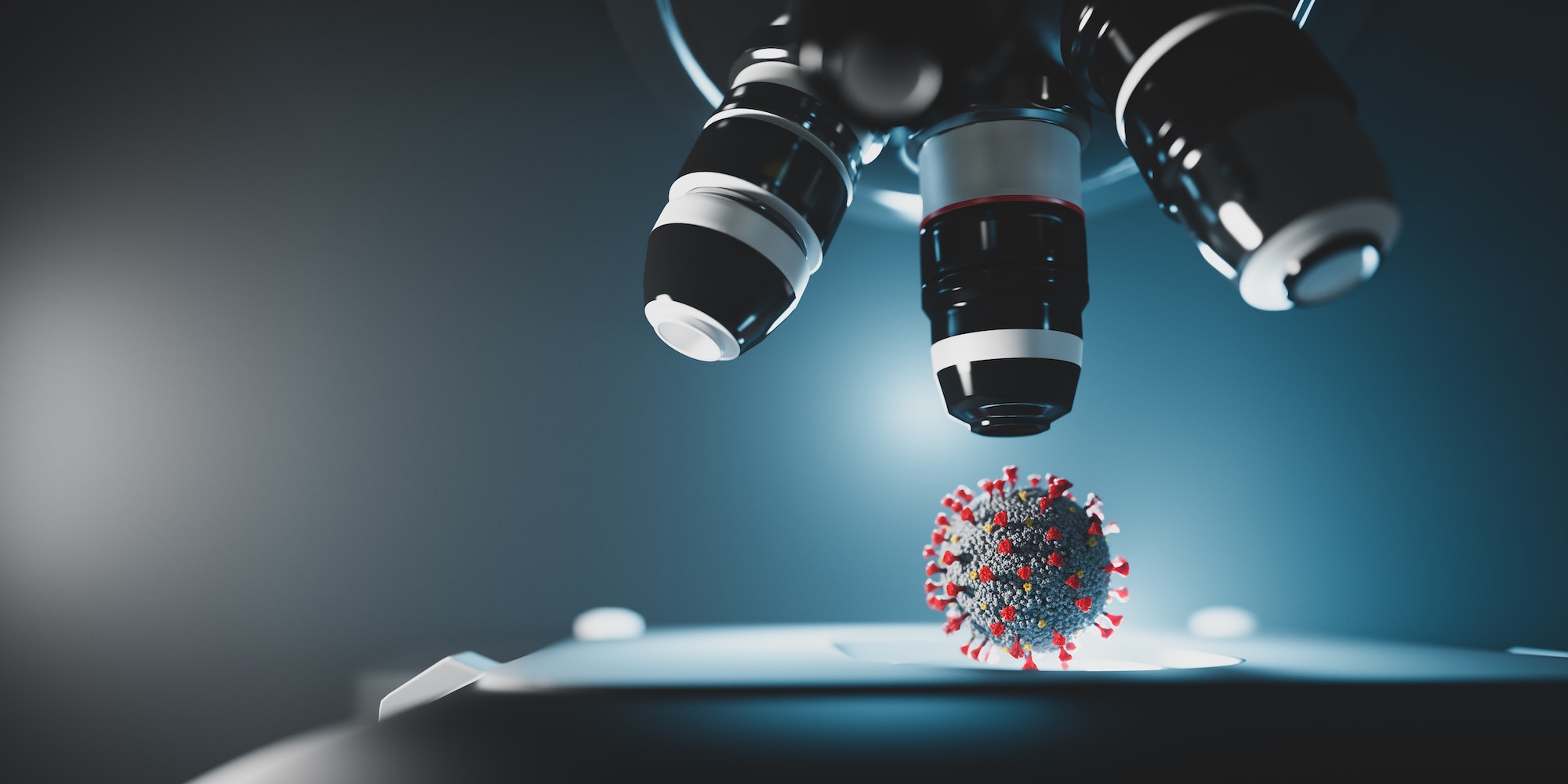 Research on coronavirus Covid-19 under microscope. Covid corona virus cell analysis.