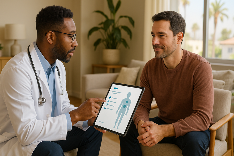 A physician visits a calm patient at home, reviewing notes from a recent 24 hour nurse hotline call in a sunlit Los Angeles living room.