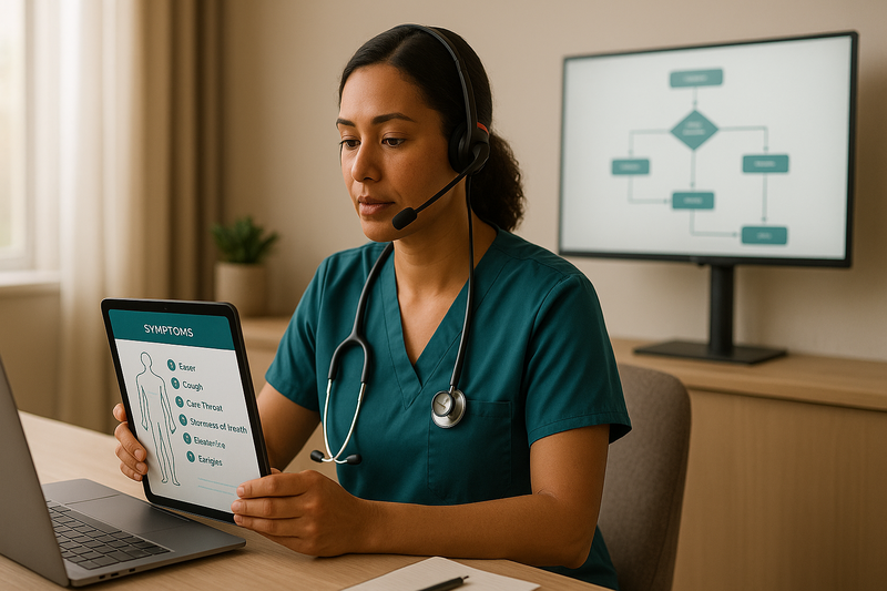 Licensed nurse providing 24 hour nurse hotline triage in a serene home office with modern tech and symptom checklist for callers